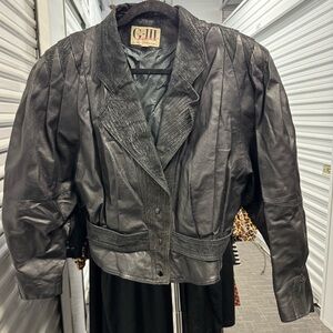80s Black Leather Drop-waist Bomber Jacket